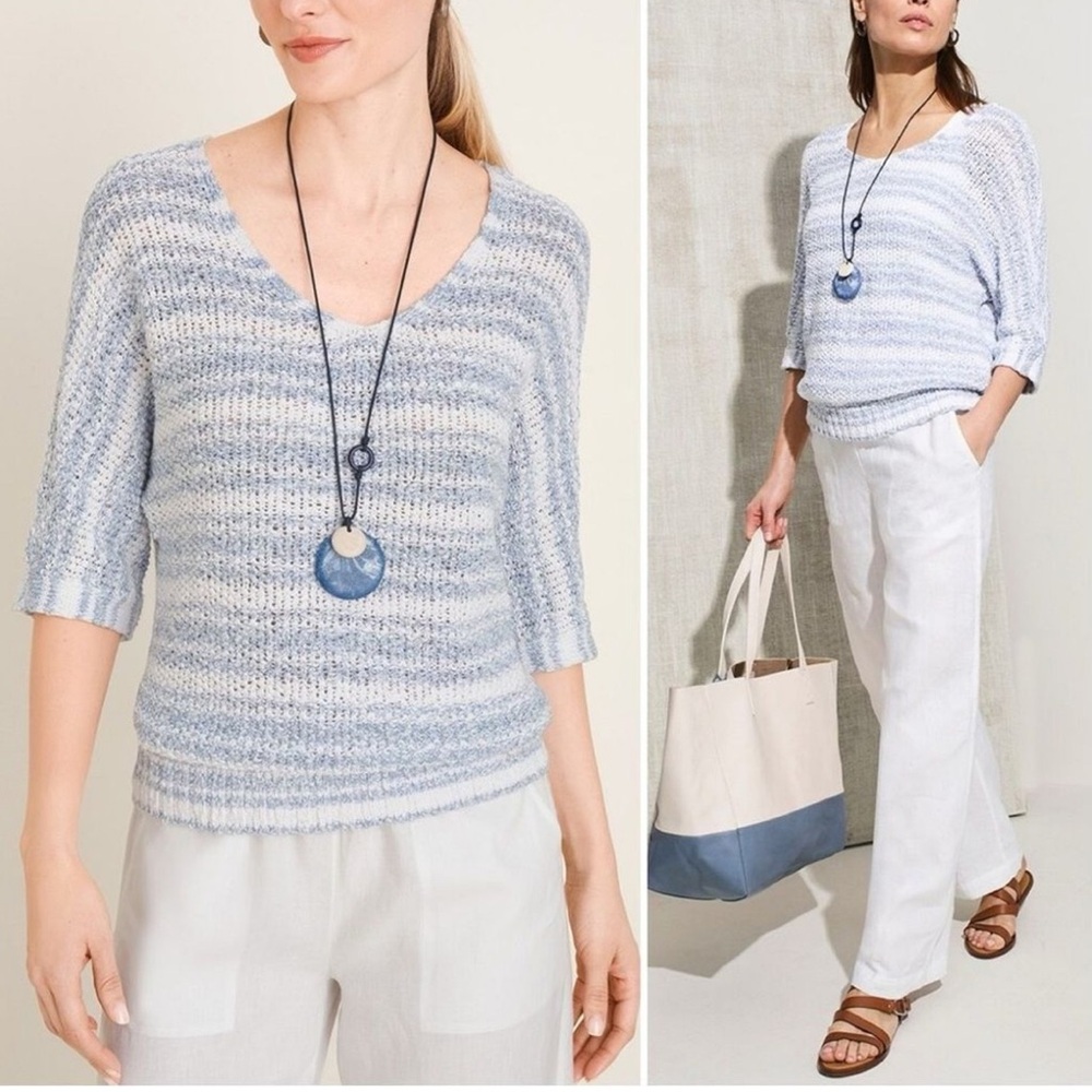 Chico's Linen Blend Striped V-Neck‎ Sweater Size 3 (XL) Blue and White